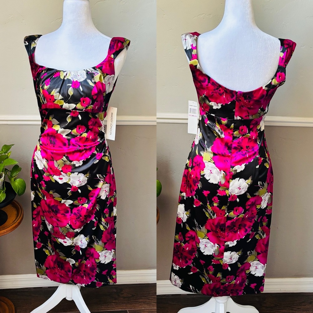 Maggy London Pink and Black Floral Midi Dress